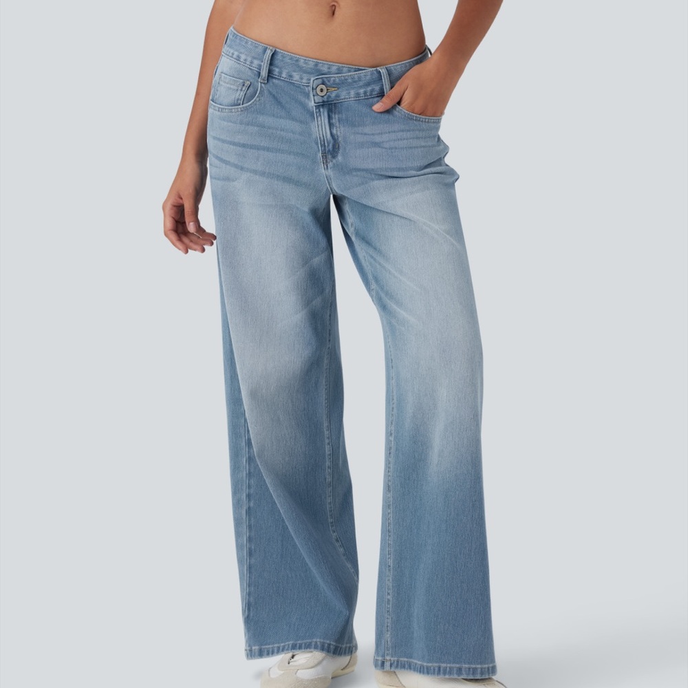 Halara flex asymmetric low rise zipper pocket baggy wide leg jeans